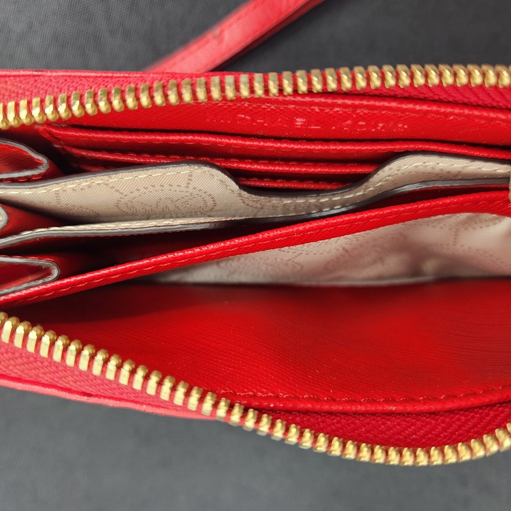 MICHAEL KORS Red Ostrich Embossed Leather Wristlet Wallet Gold Hardware - Picture 10 of 13